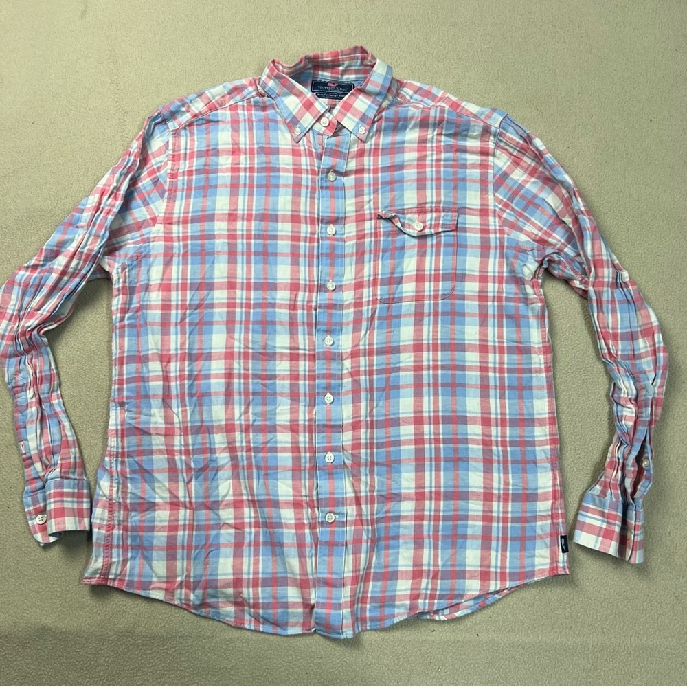 Vineyard Vines Shirt Men's XL Slim Fit Crosby Linen Blend Blue Pink Check